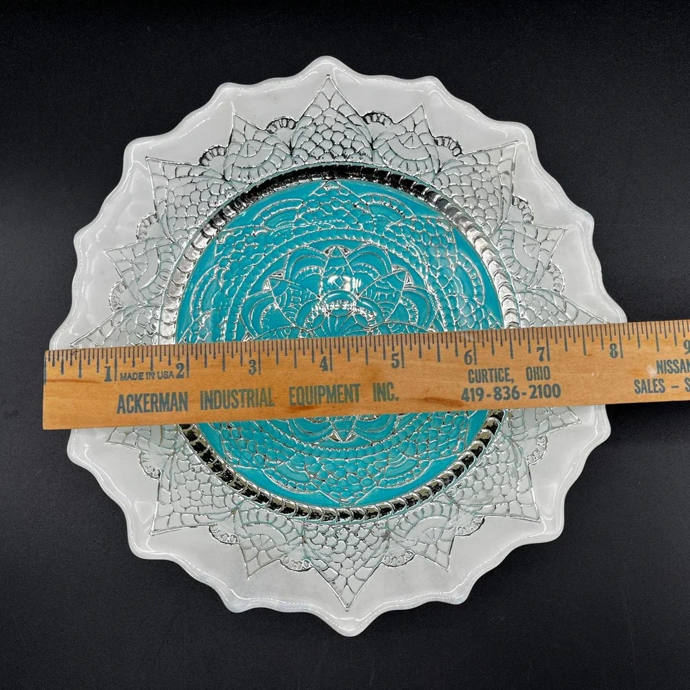 Efe‎ Glass Turkish Bowl Teal Silver Lace Mandala 100% Genuine Silver Glaze